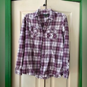Eddie Bauer Burgundy and Cream Plaid Shirt